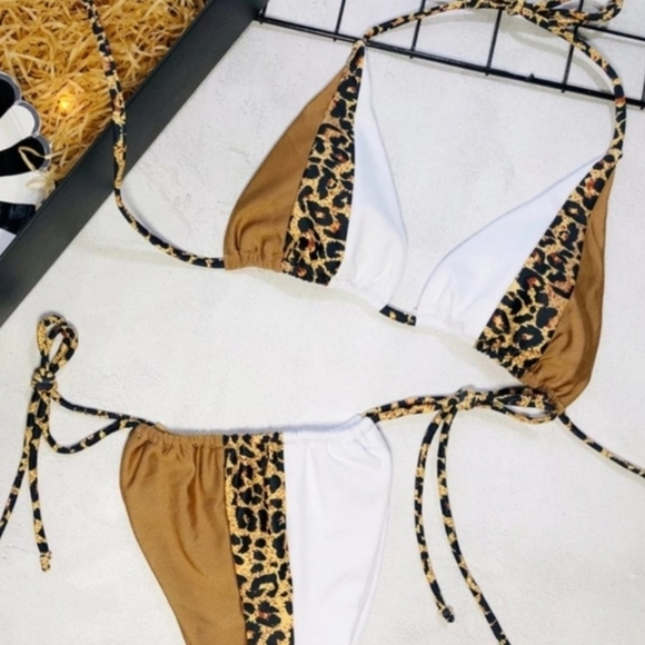 New Sexy Slide Triangle Brazilian Bikini Set Leopard Print Swimsuit Size M - Picture 4 of 8